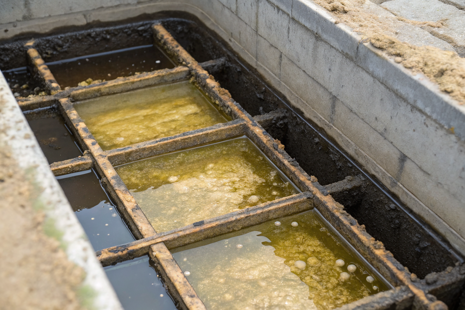 Grease trap with layers of grease and sludge meeting the 25% rule.