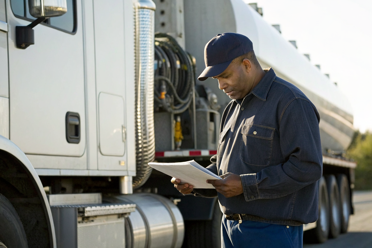 Grease hauler inspecting permits beside grease disposal truck.