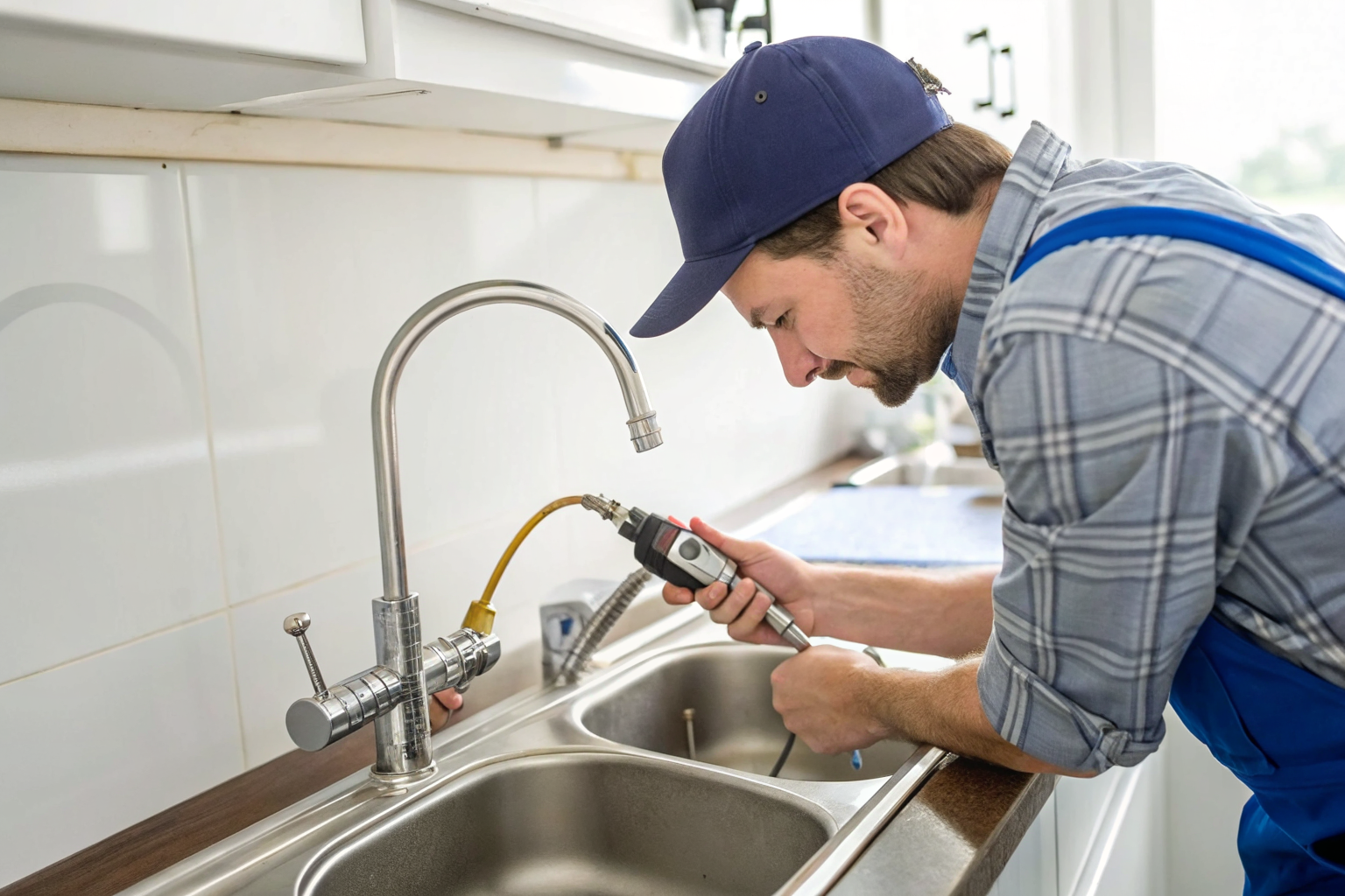 Technician using flow meter at kitchen sink during peak operation.