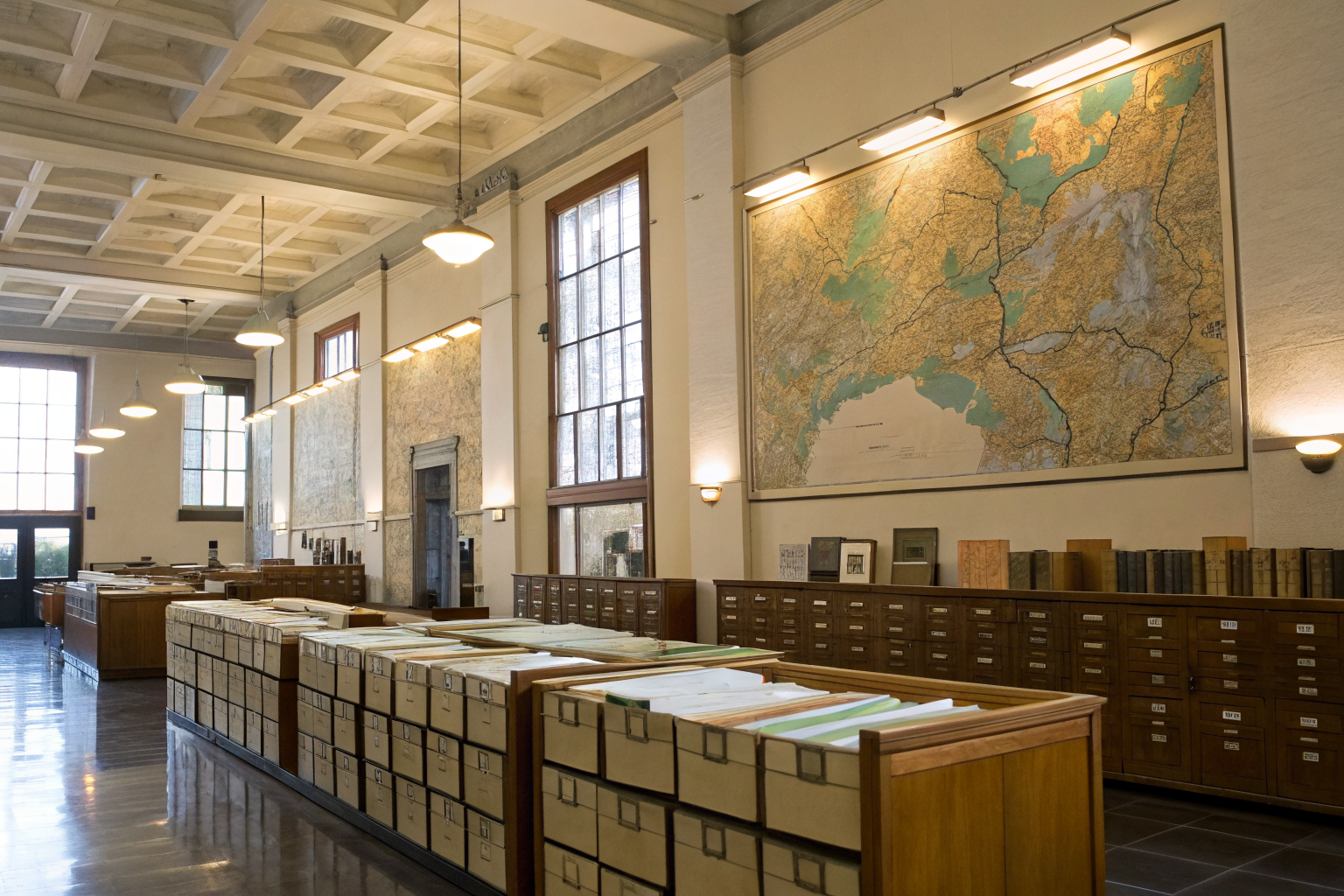 California office with documents and regional maps.