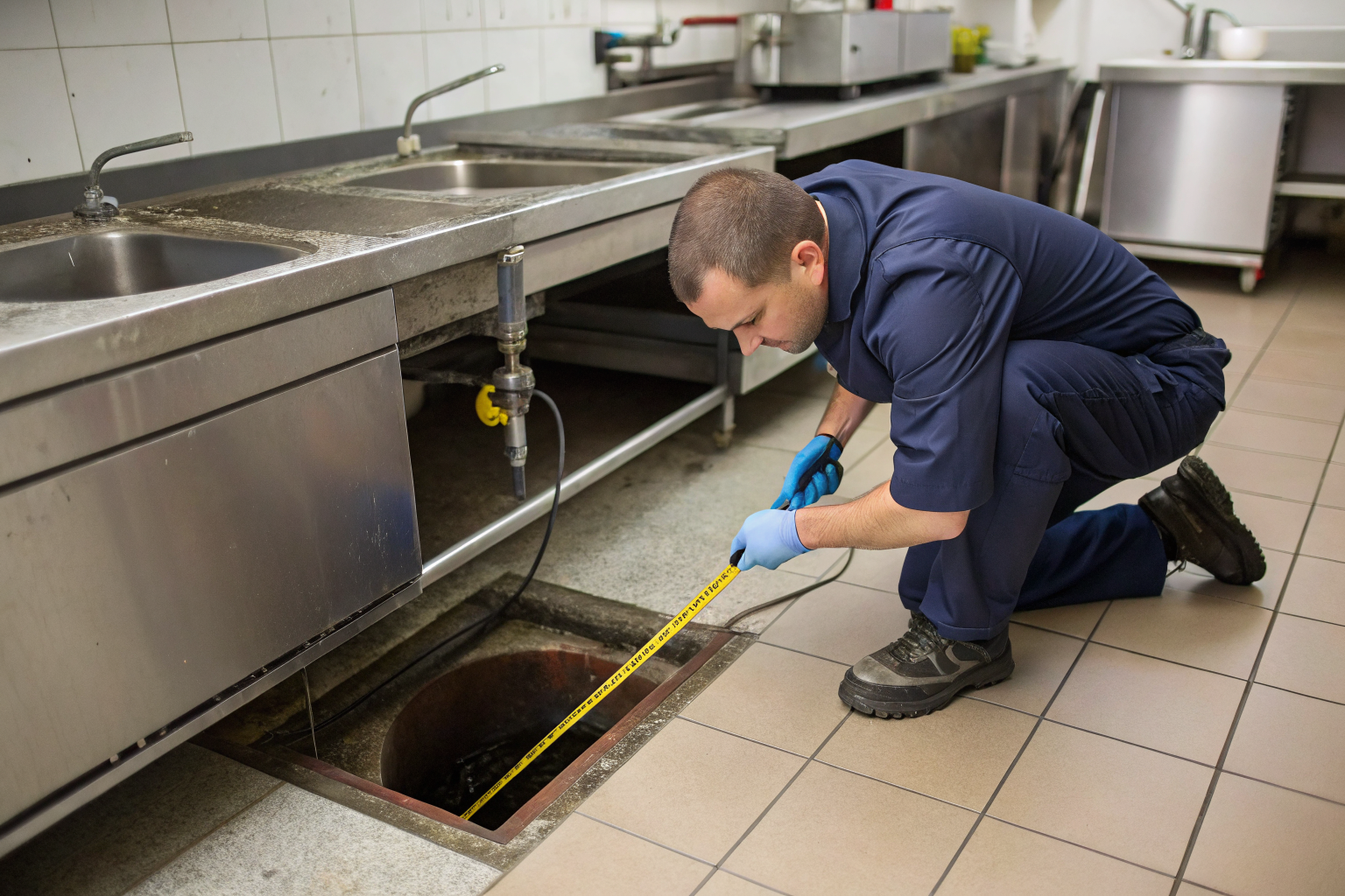Inspector measuring drain line slope for grease trap compliance.