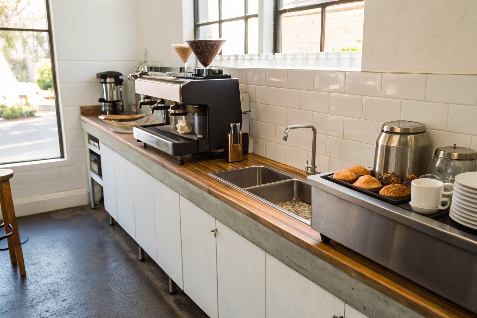 Coffee shop with compact grease trap and espresso setup.