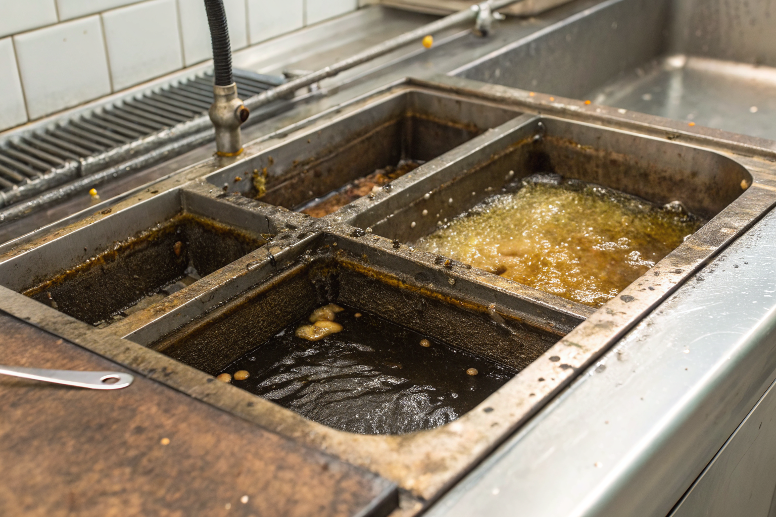 Grease trap with thick grease layer in kitchen.