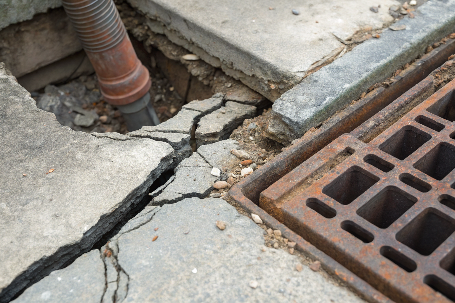Close-up of grease trap inlet and outlet connection inspection.