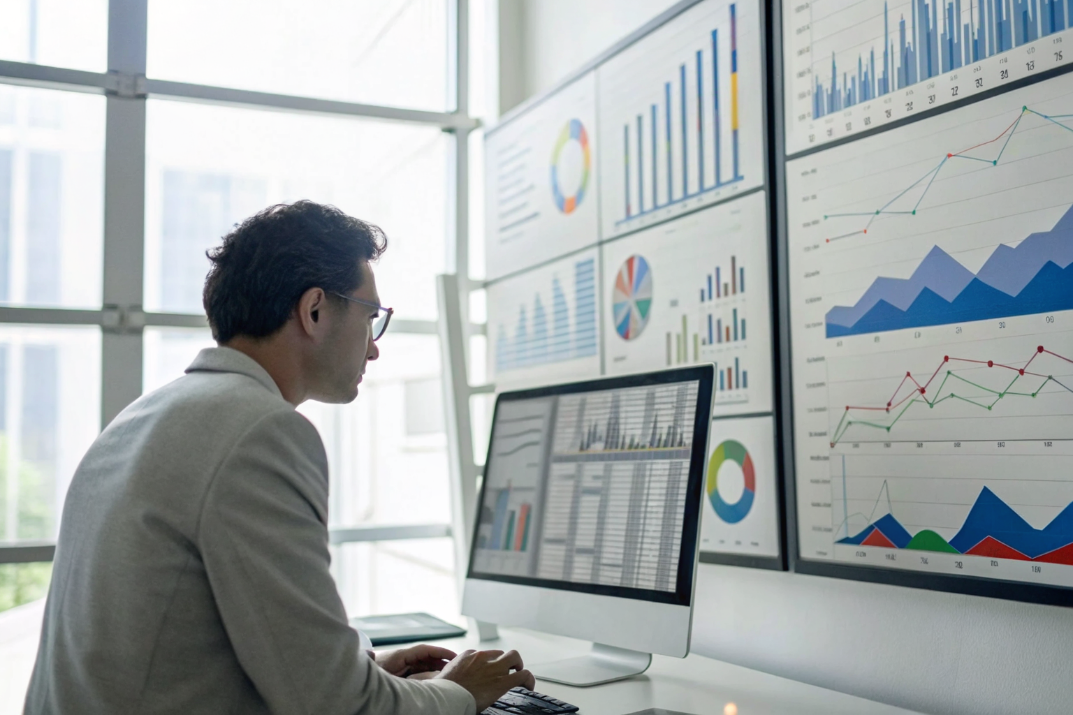 Analyst reviewing cost of ownership data for grease trap systems.