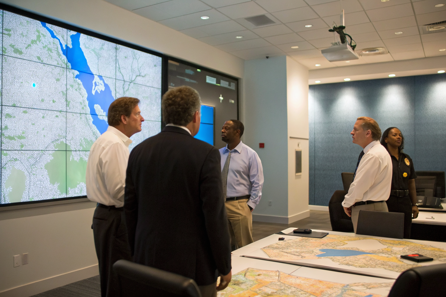 County officials discussing FOG programs in a meeting room.
