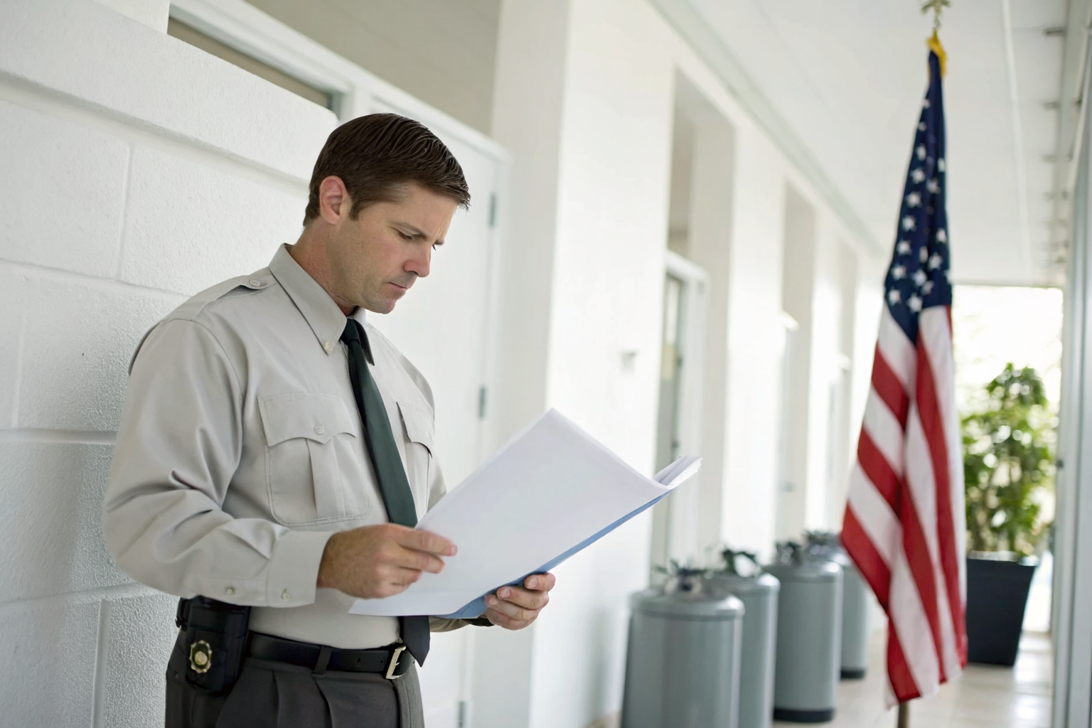 DEP official reviewing water quality documents in an office.
