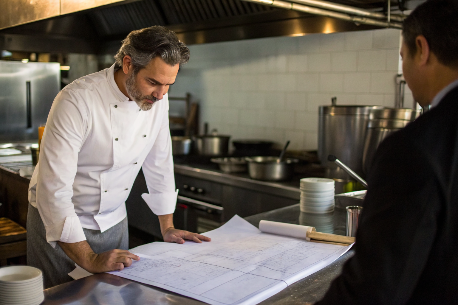 Owner and inspectors in a restaurant discussing grease trap plans.