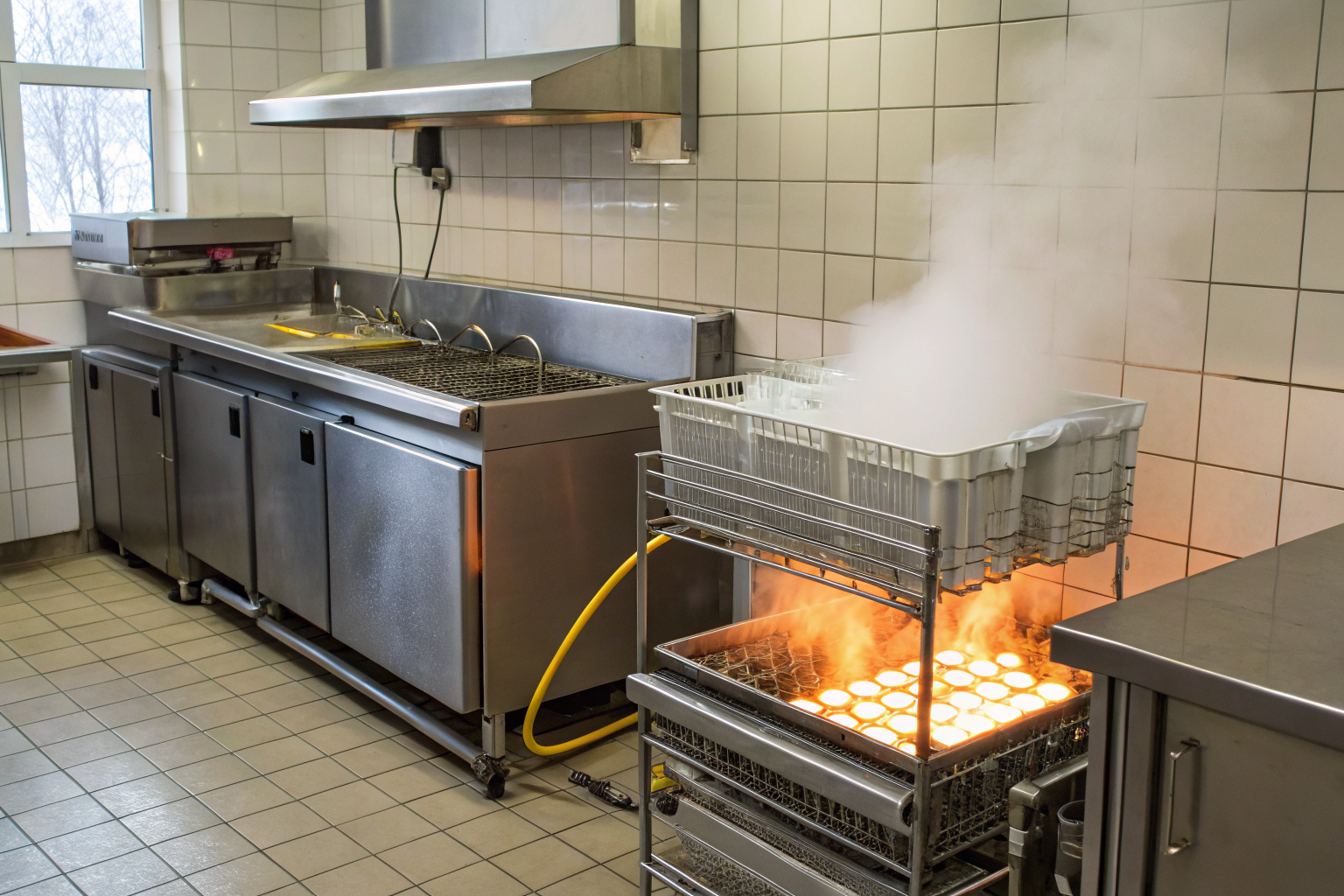 Dishwasher discharging hot water in an industrial kitchen setup.