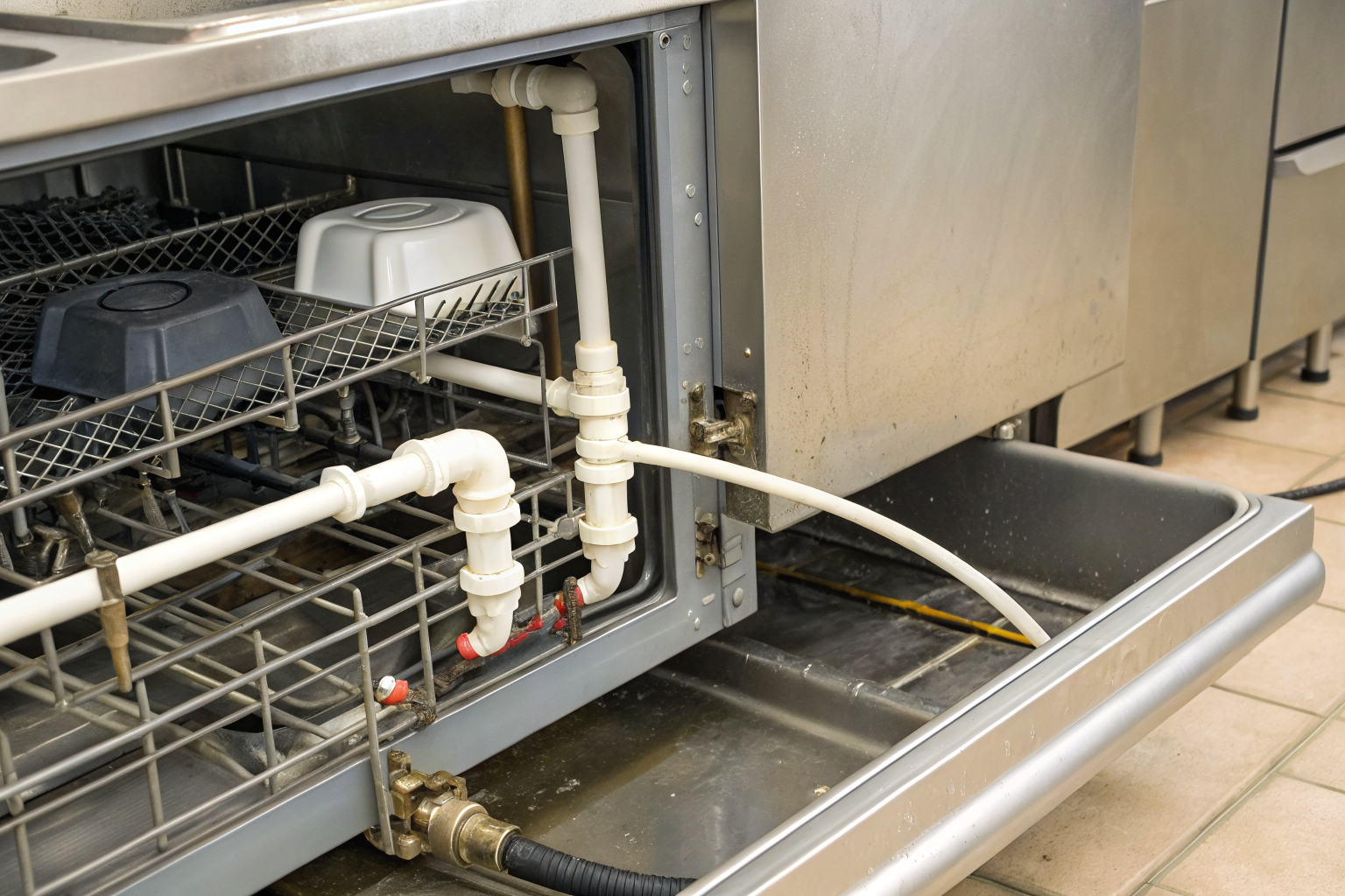 Commercial dishwasher connected to a grease interceptor, showing plumbing details.