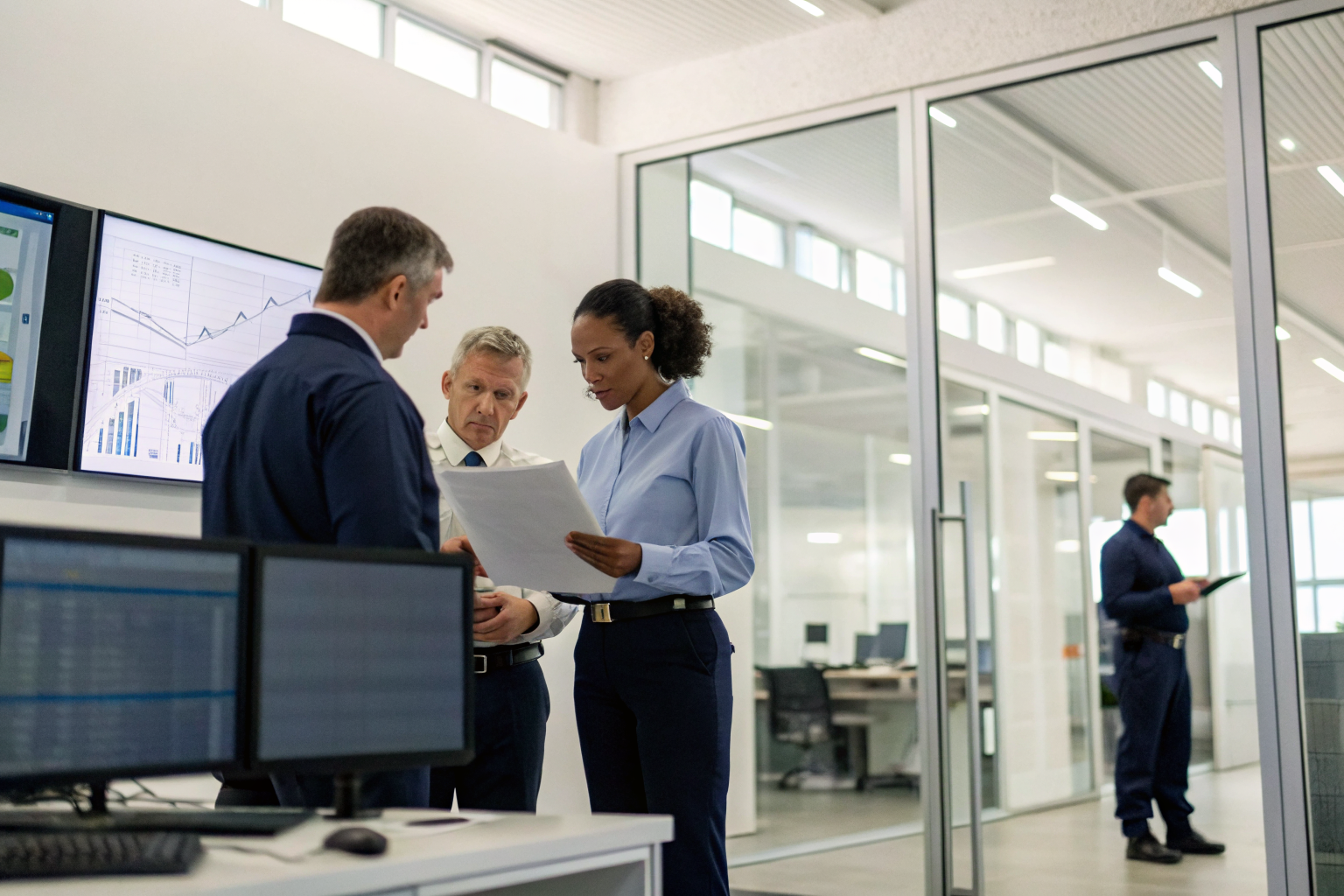 Officials reviewing grease trap compliance reports.