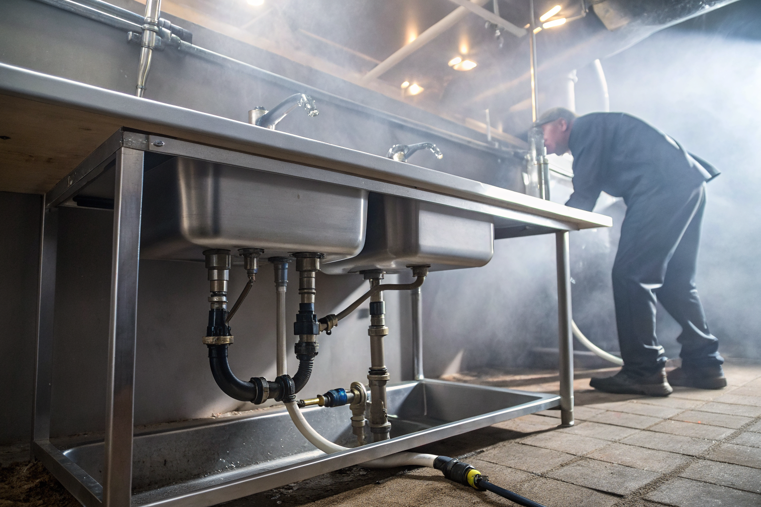 3-compartment sink with grease trap installation, detailed plumbing setup.