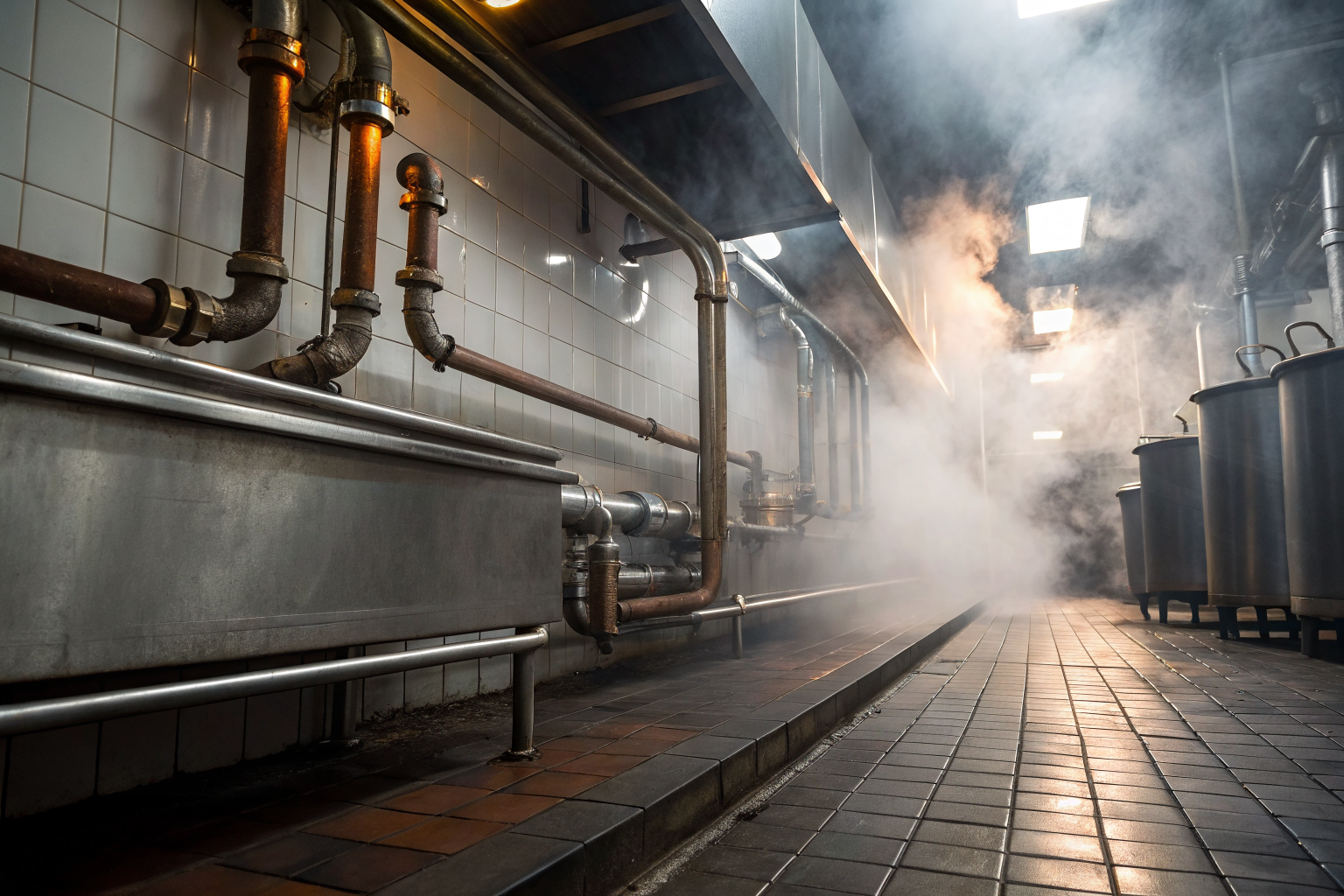 A detailed view of a grease trap with dramatic lighting in a commercial kitchen.