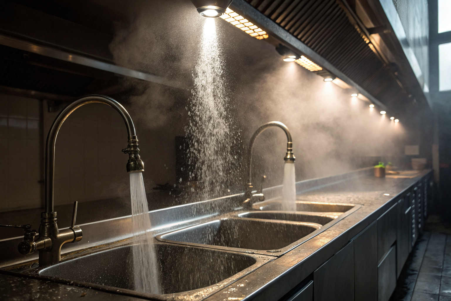 Kitchen fixtures with water flow and a grease interceptor, cinematic style.