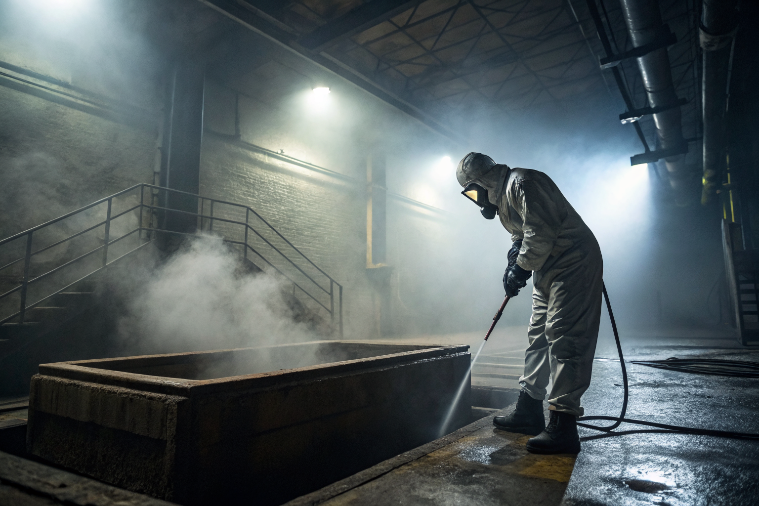 Worker cleaning commercial grease trap with dramatic lighting and fog.
