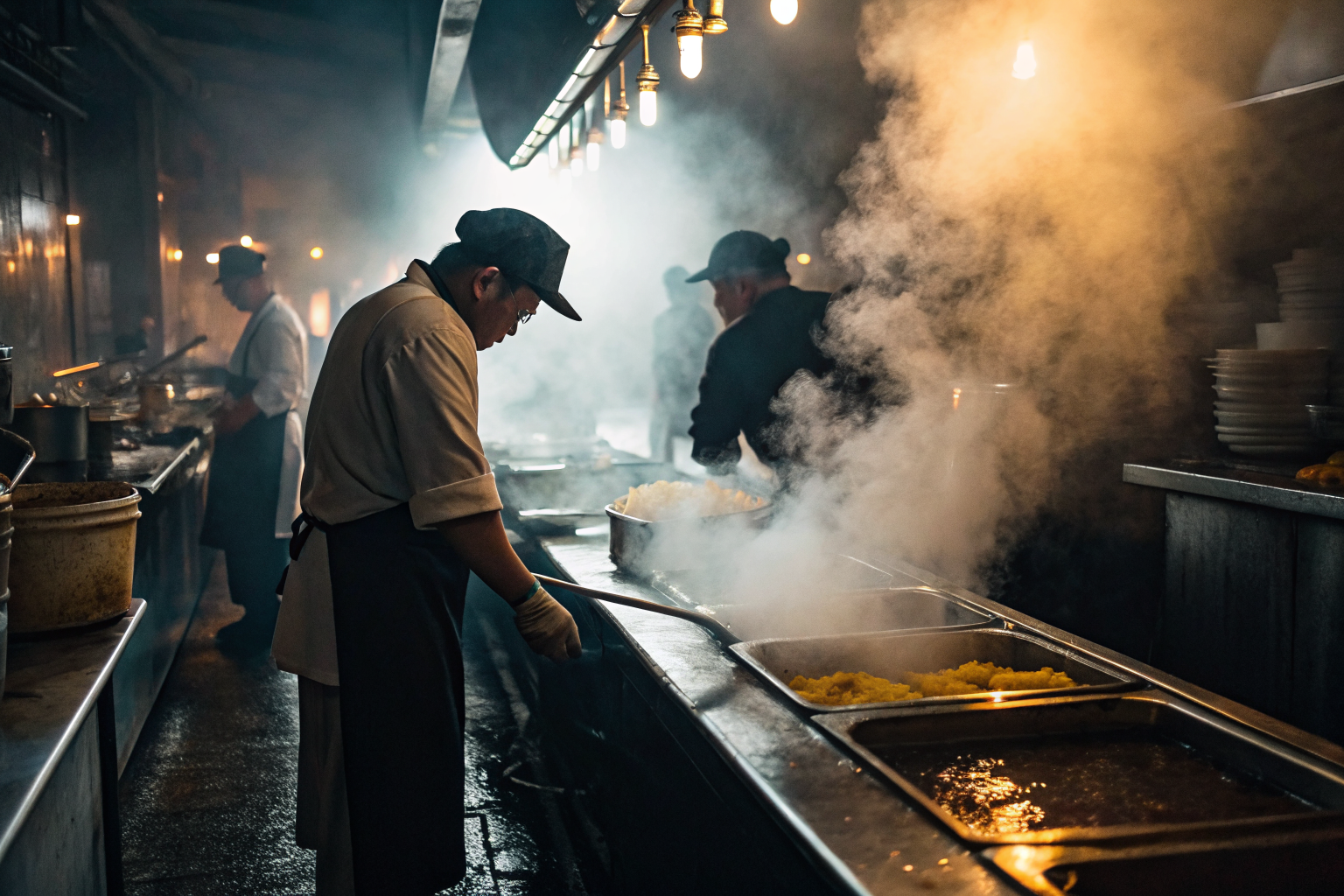 Restaurant kitchen with chefs cleaning a grease trap under dramatic lighting.