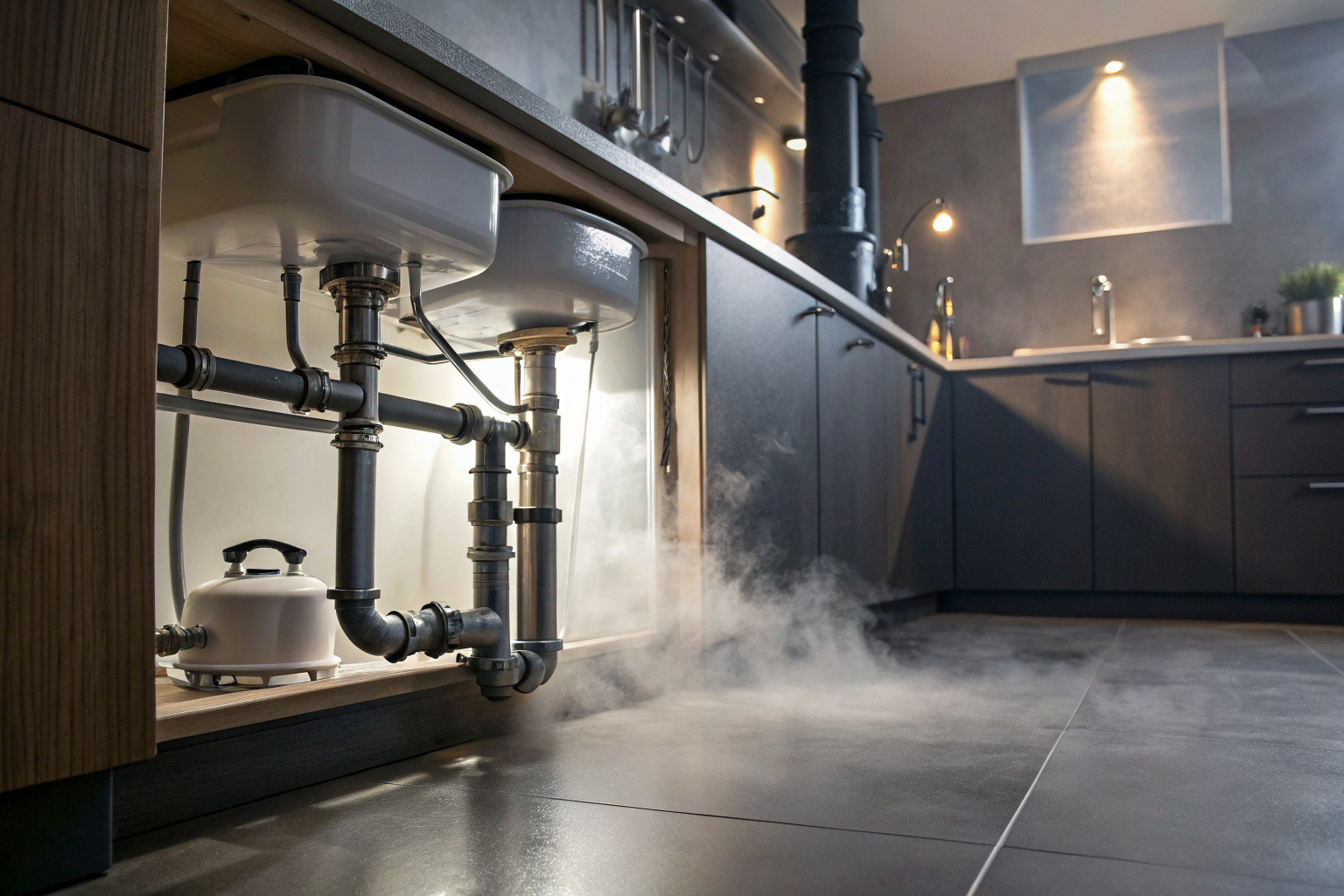 Modern kitchen with grease trap plumbing, dramatic lighting, and fog.
