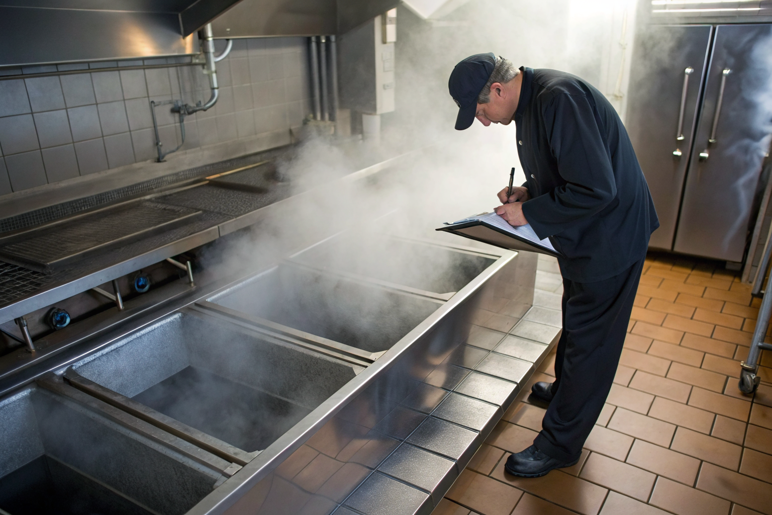 Inspector examines grease trap in commercial kitchen with compliance documents.