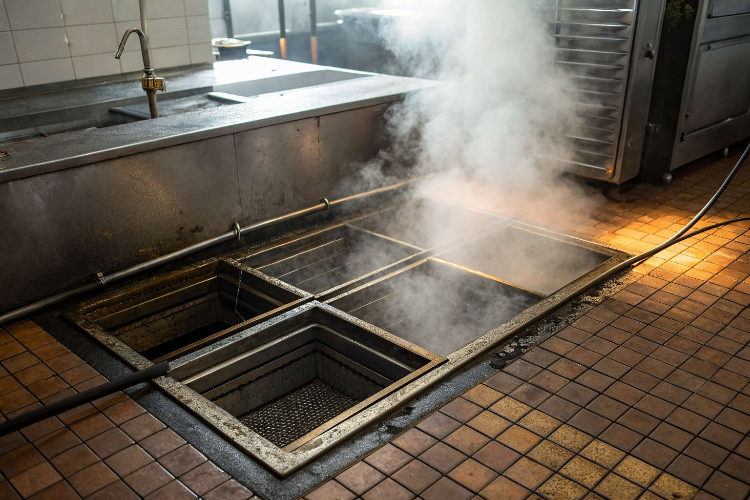 Grease trap in kitchen with enzymes breaking down grease molecules, high detail.