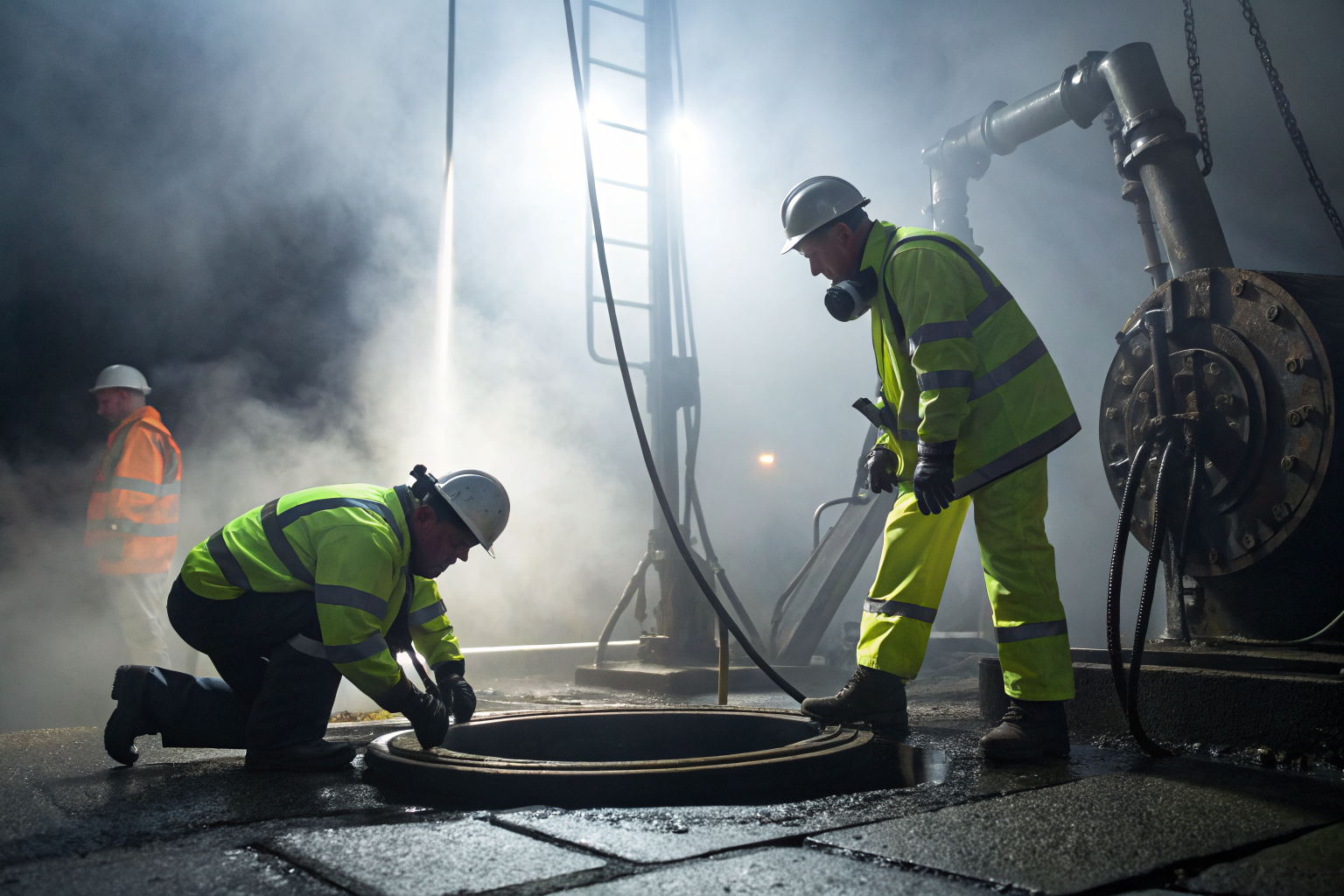 Inspectors in safety gear examining grease trap mechanisms with dramatic lighting.