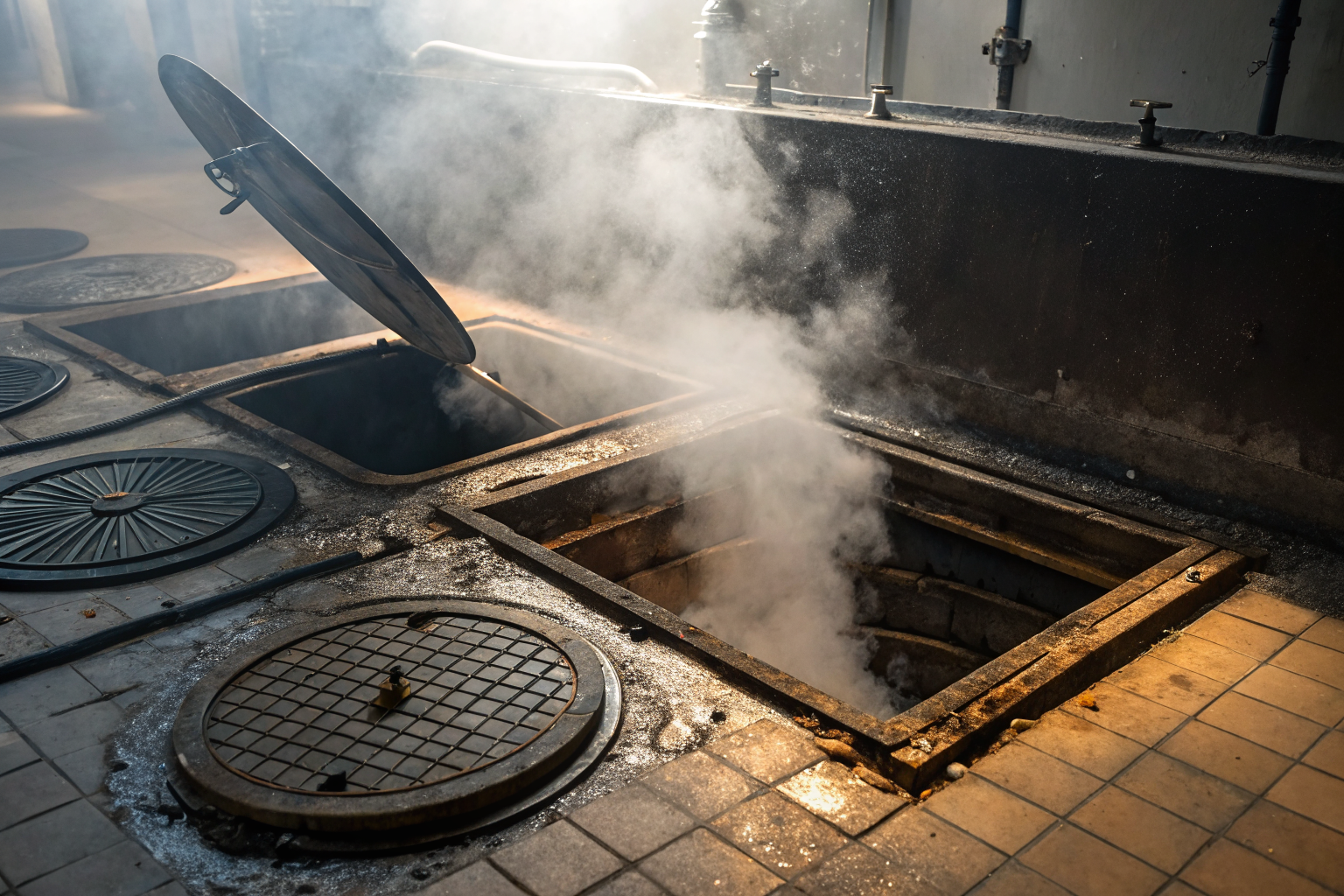 Grease trap leaking with pooling water and worn gaskets, dramatic lighting.