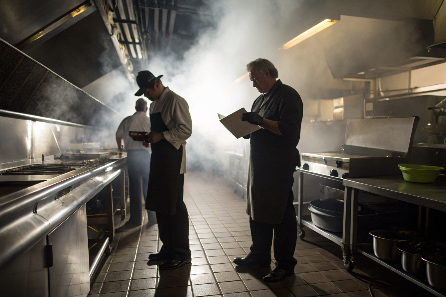 Inspectors examining grease trap documentation in a kitchen.