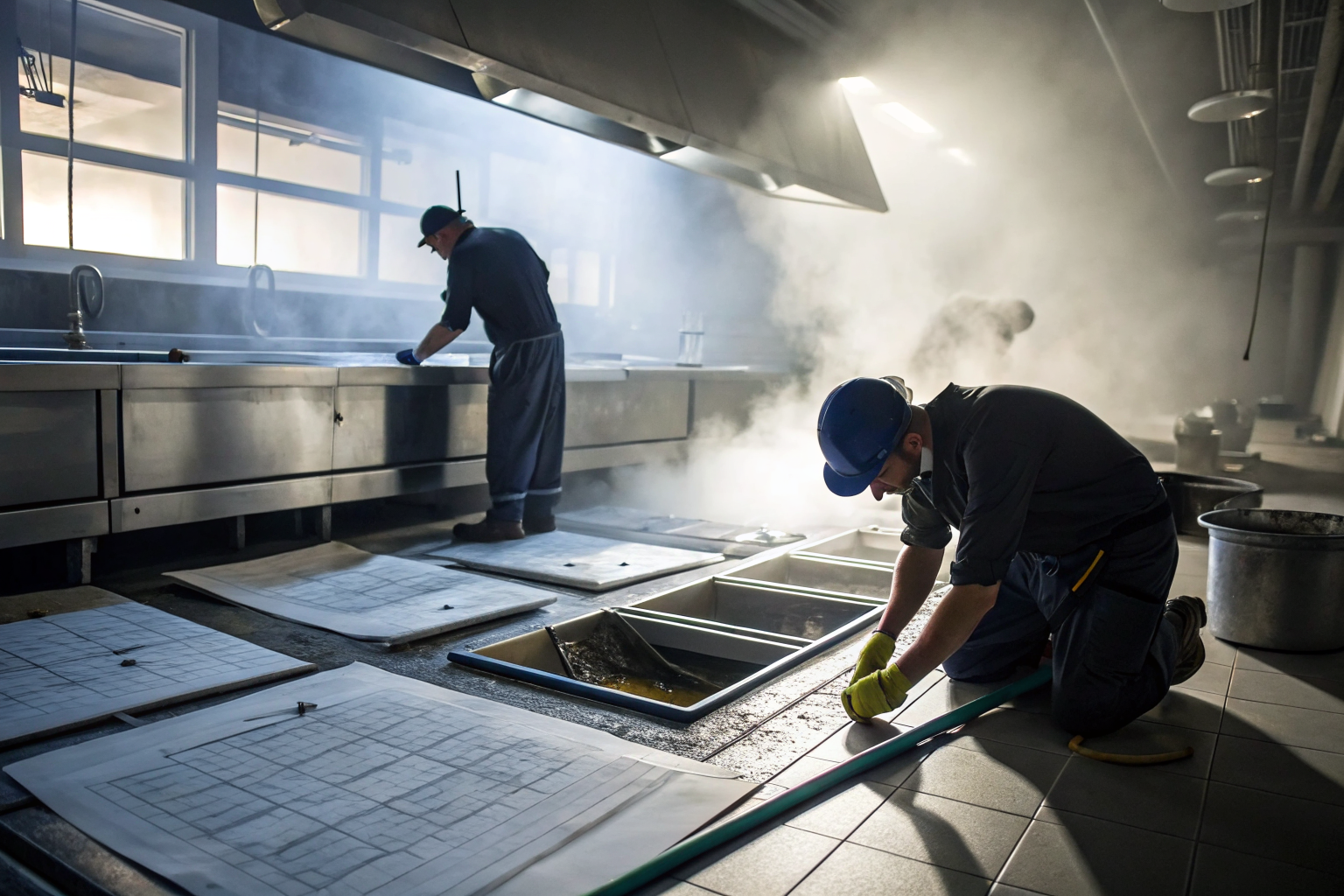 Workers installing a grease trap in a commercial kitchen.