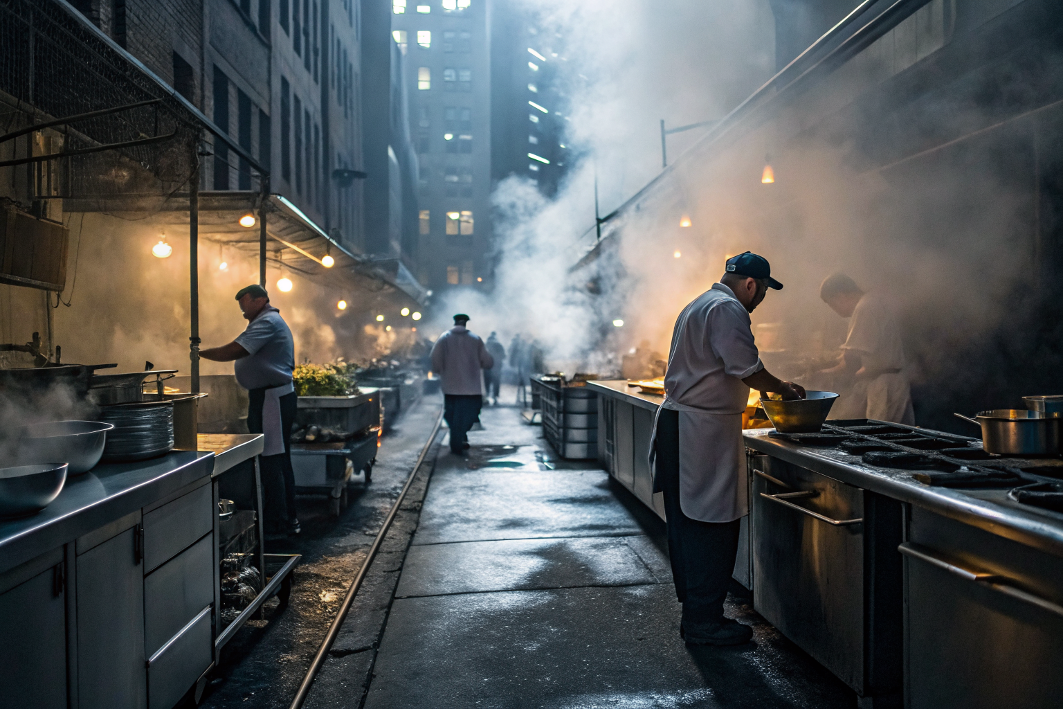 Chefs in a commercial kitchen with visible grease traps, dramatic lighting.