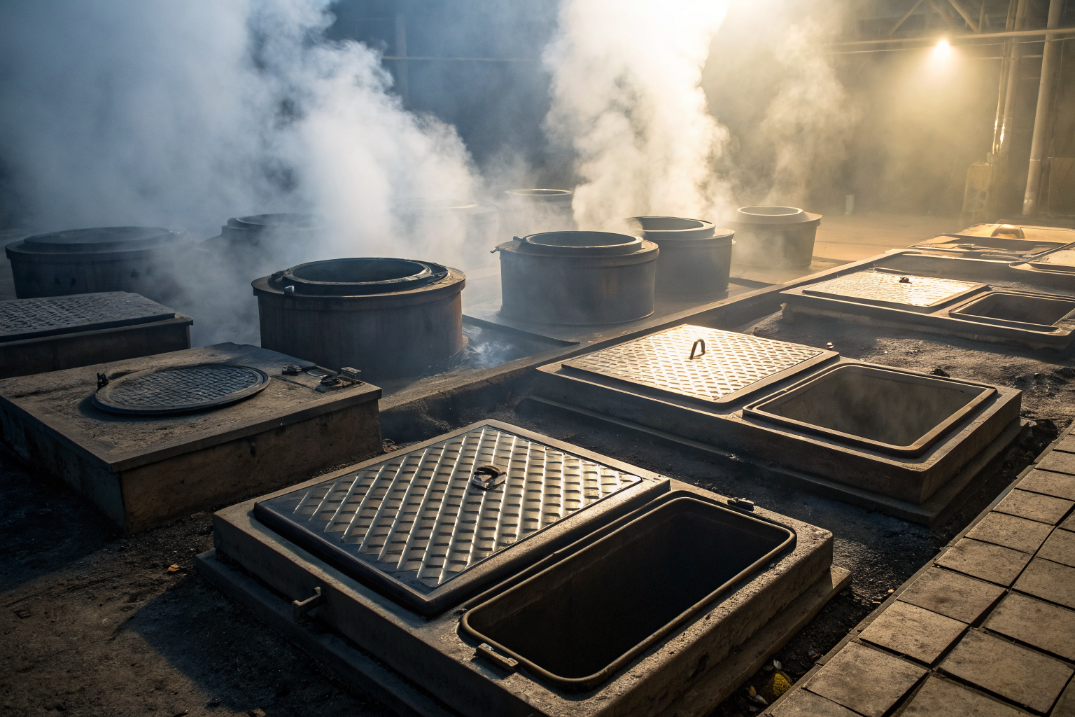 Hyper-detailed grease traps in dramatic lighting and fog.