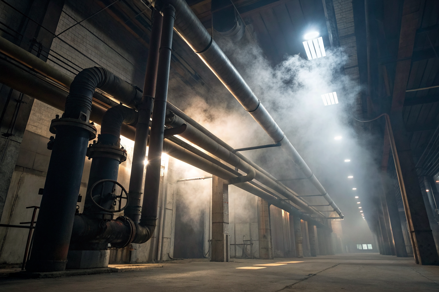Cinematic grease trap venting setup with dramatic lighting and fog.