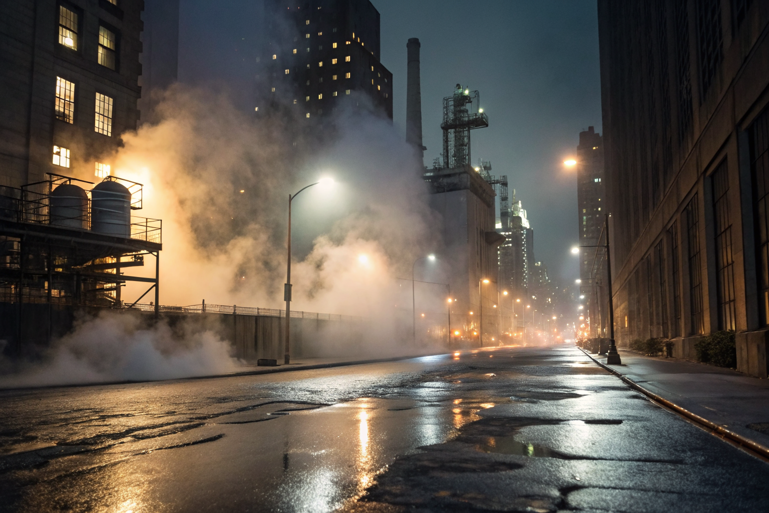 Cityscape at night with industrial facility releasing grease into storm drain.
