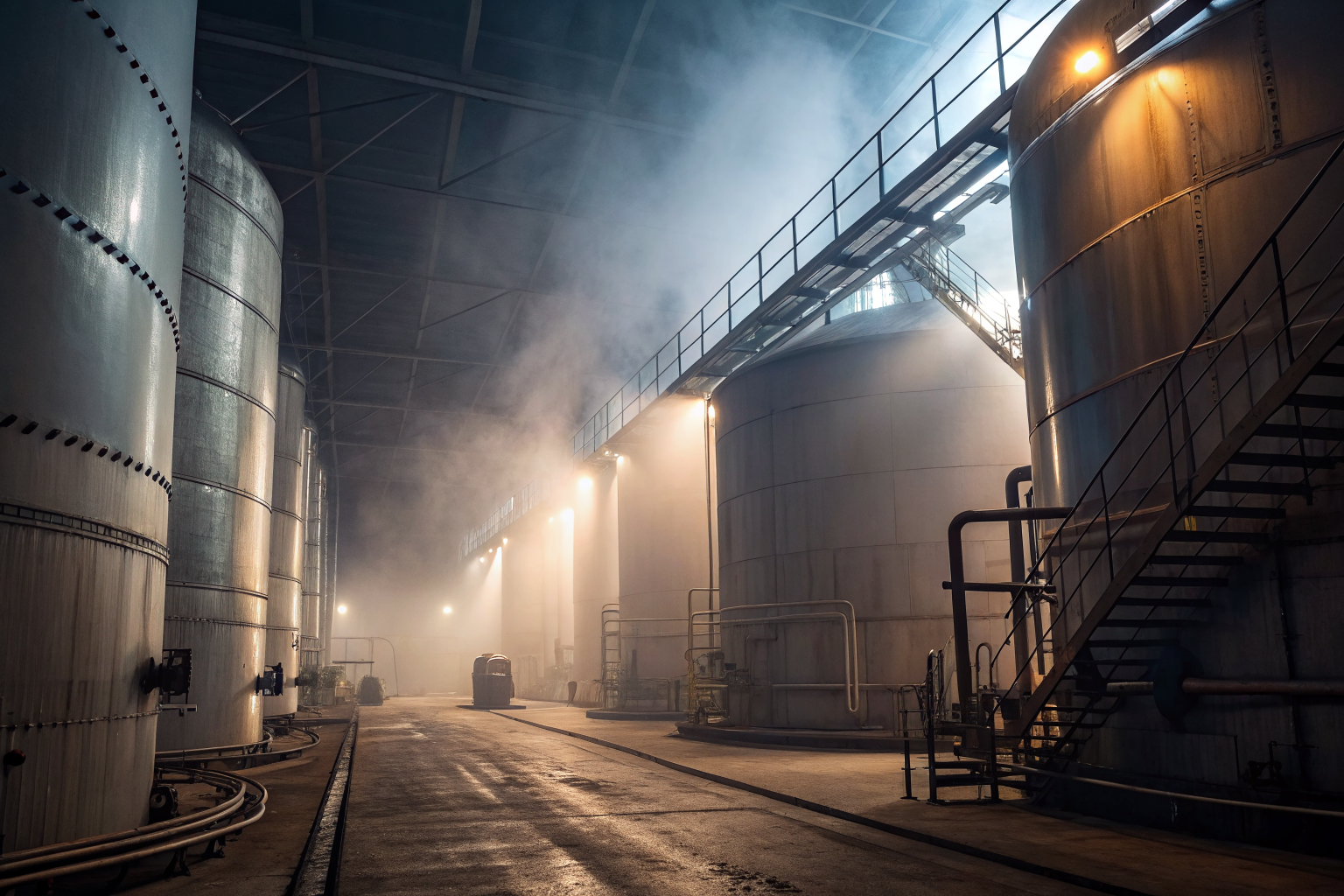 Rendering facility with tanks processing FOG waste into biodiesel.