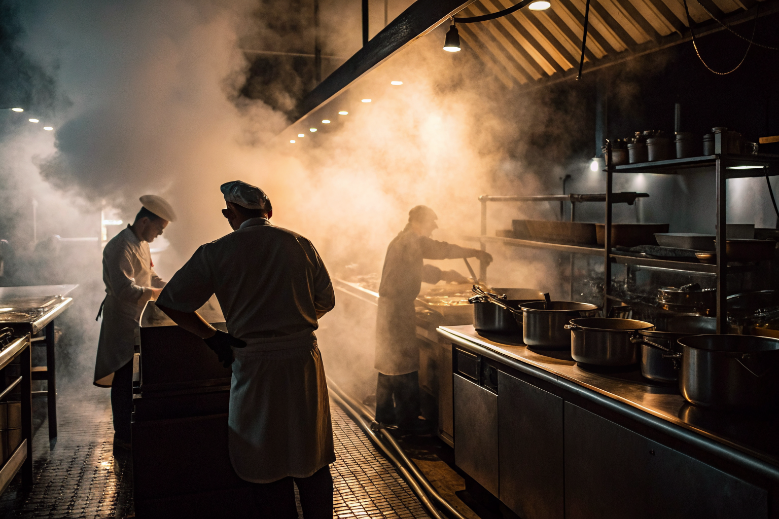 Chefs working in a dramatic kitchen with a detailed grease trap.