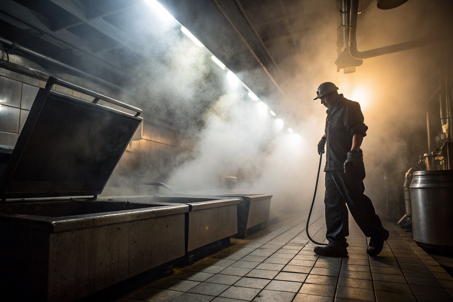 Worker with permit beside large grease trap in kitchen, dramatic lighting.