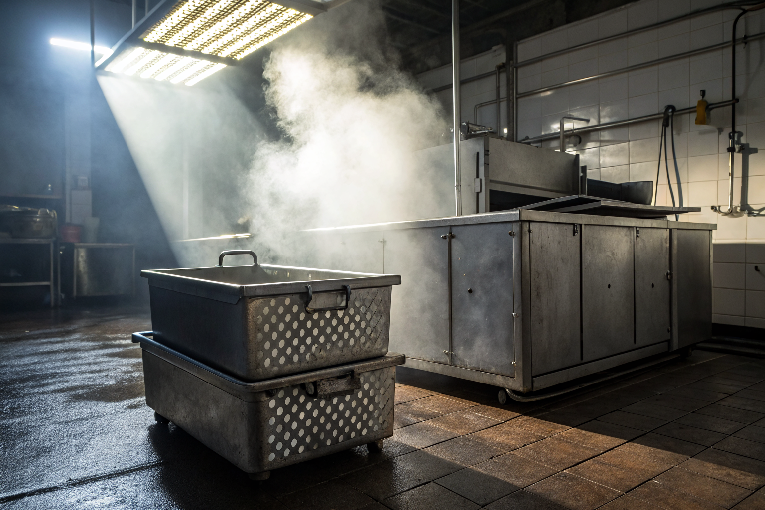 Side-by-side stainless steel and plastic grease traps in a kitchen.