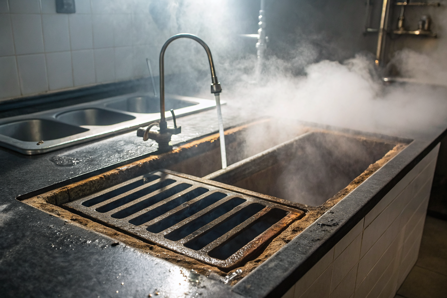 Hydromechanical grease trap under a sink with baffles and grease caught.