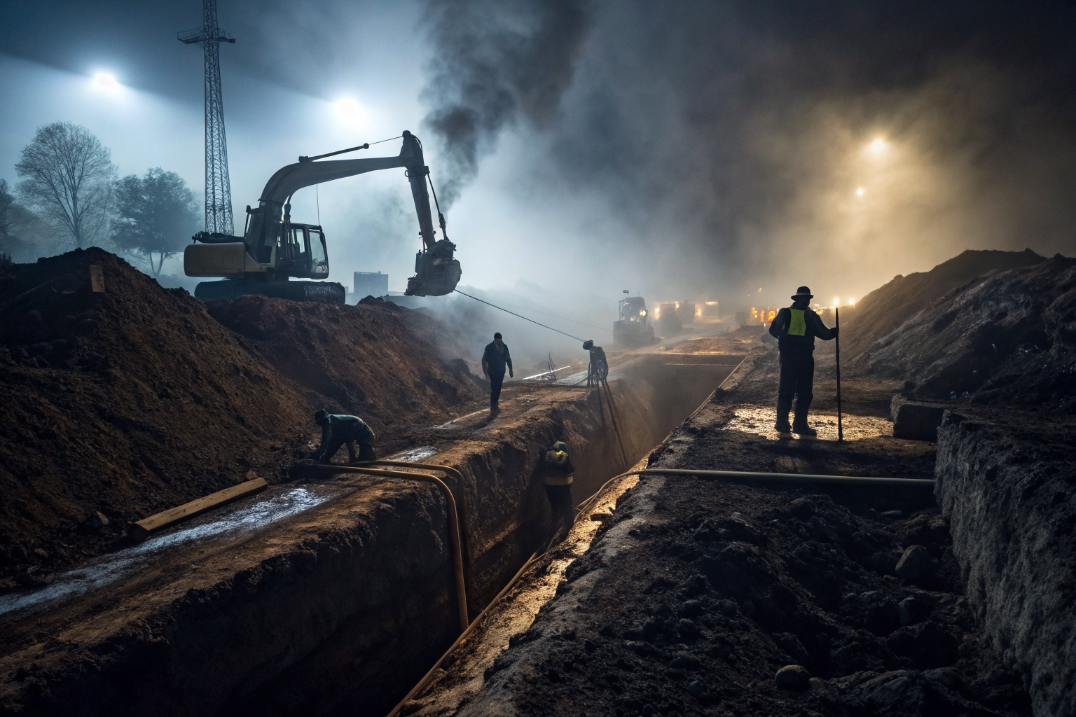Construction site with excavation for grease trap, dramatic lighting and fog.