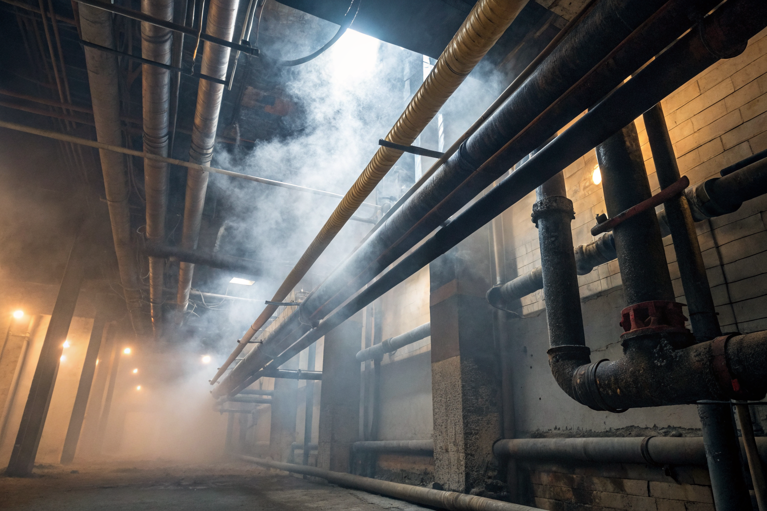 Pipes with FOG residue and a grease trap in operation, dramatic lighting.
