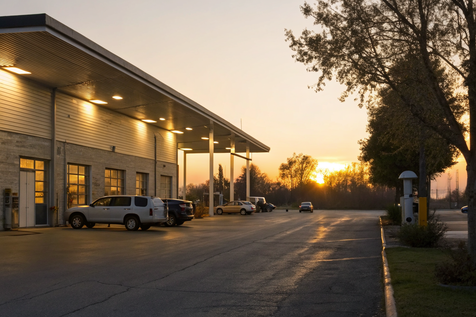 Automotive garage, restaurant, and gas station exteriors.