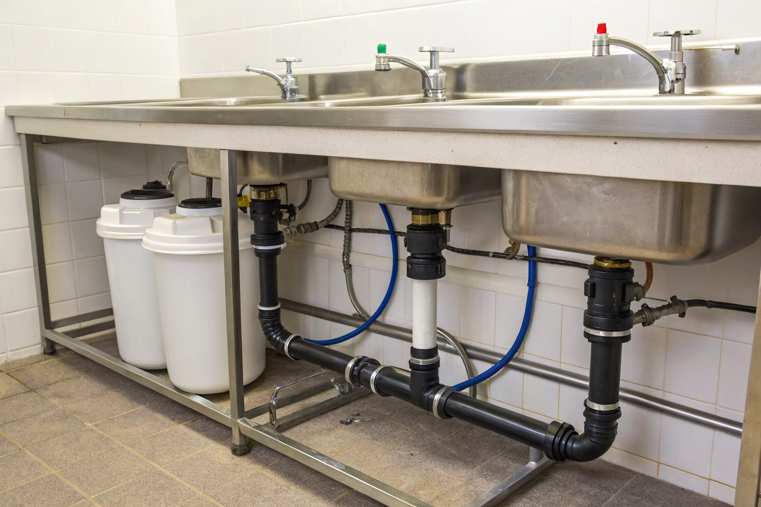 Prep sink connected to an under-sink grease trap, showing compliance.