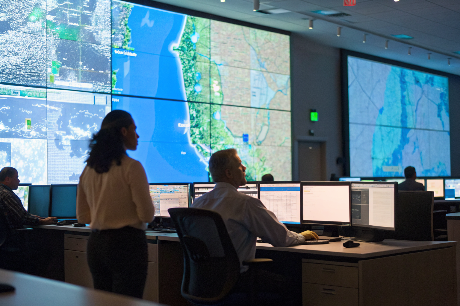 Florida office with district maps on a screen.