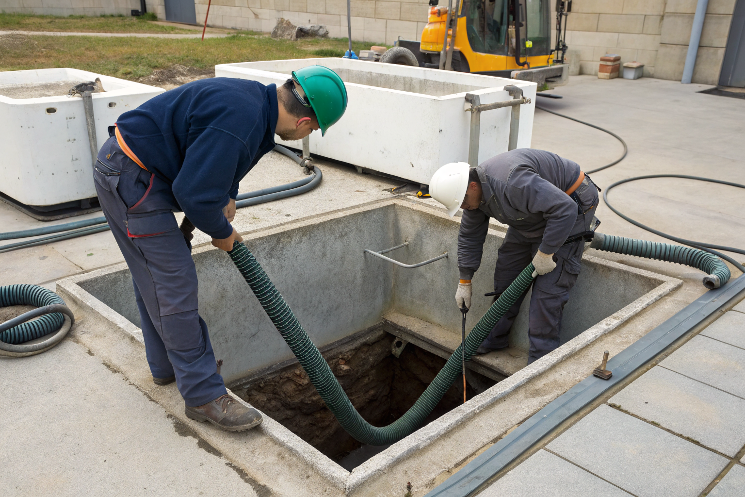 Workers cleaning and emptying a grease trap for gasket replacement.