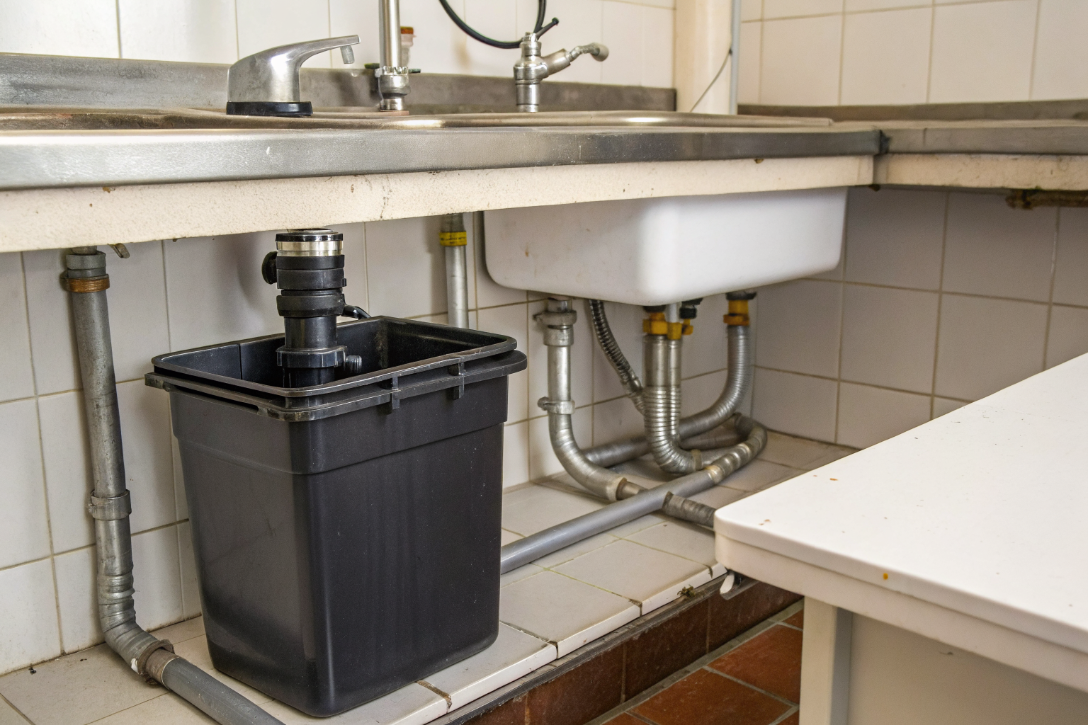 Grease trap under a sink with GPM ratings marked, showing capacity.