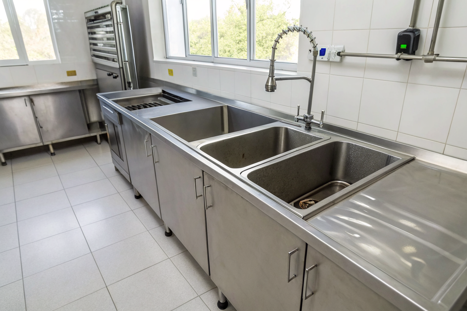 3-compartment sink with grease trap at regulated distance.