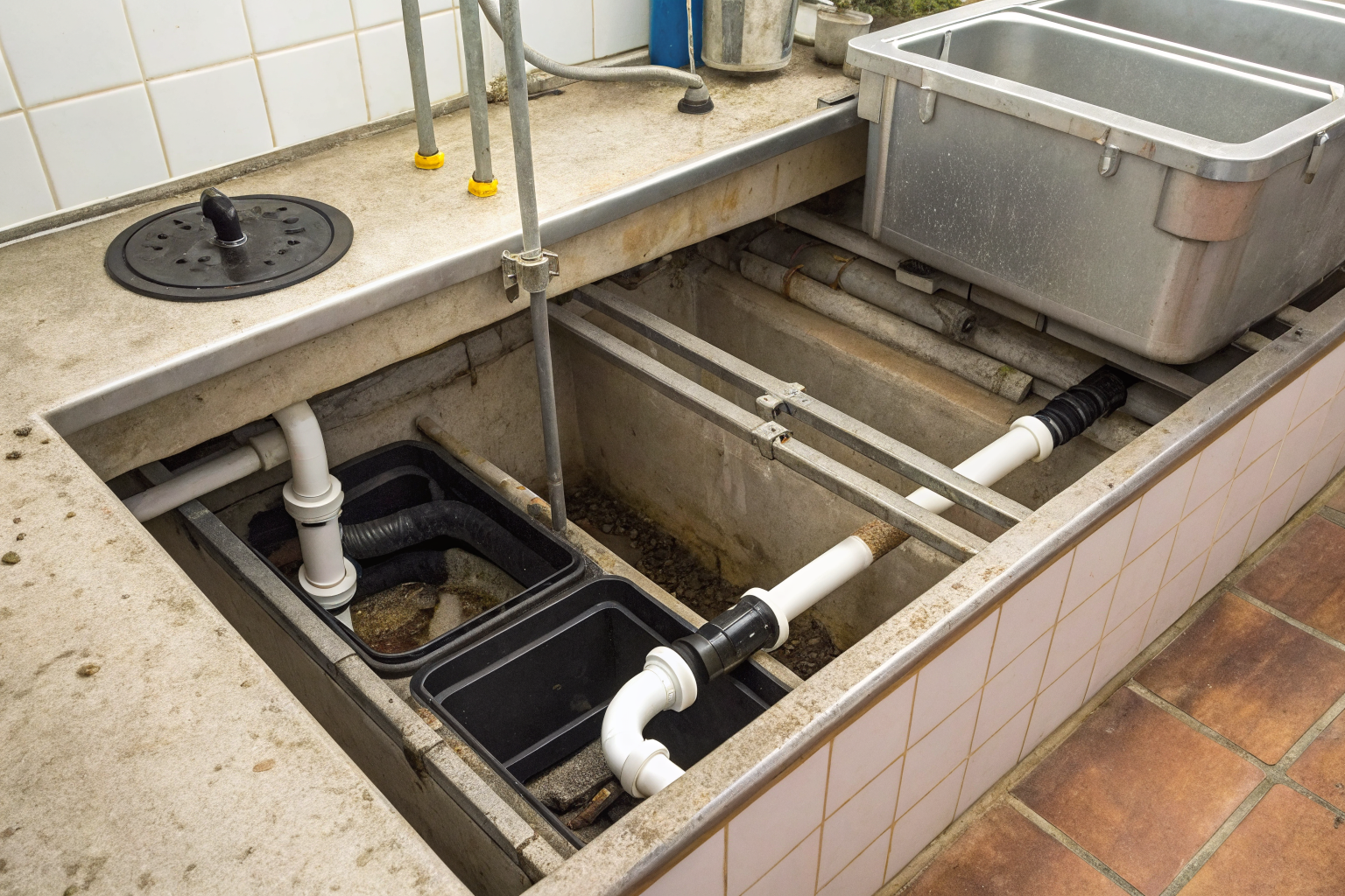 Grease trap installation under a 3-compartment sink.