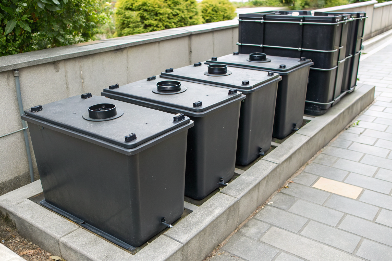 Various low-profile grease traps of different GPM capacities.