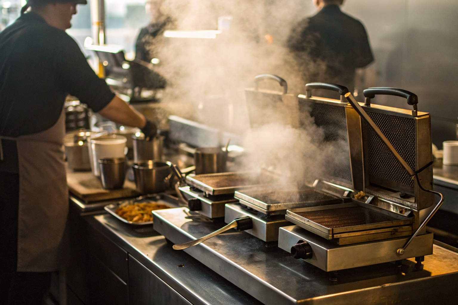 Panini presses and griddles in coffee shop kitchen with steam.