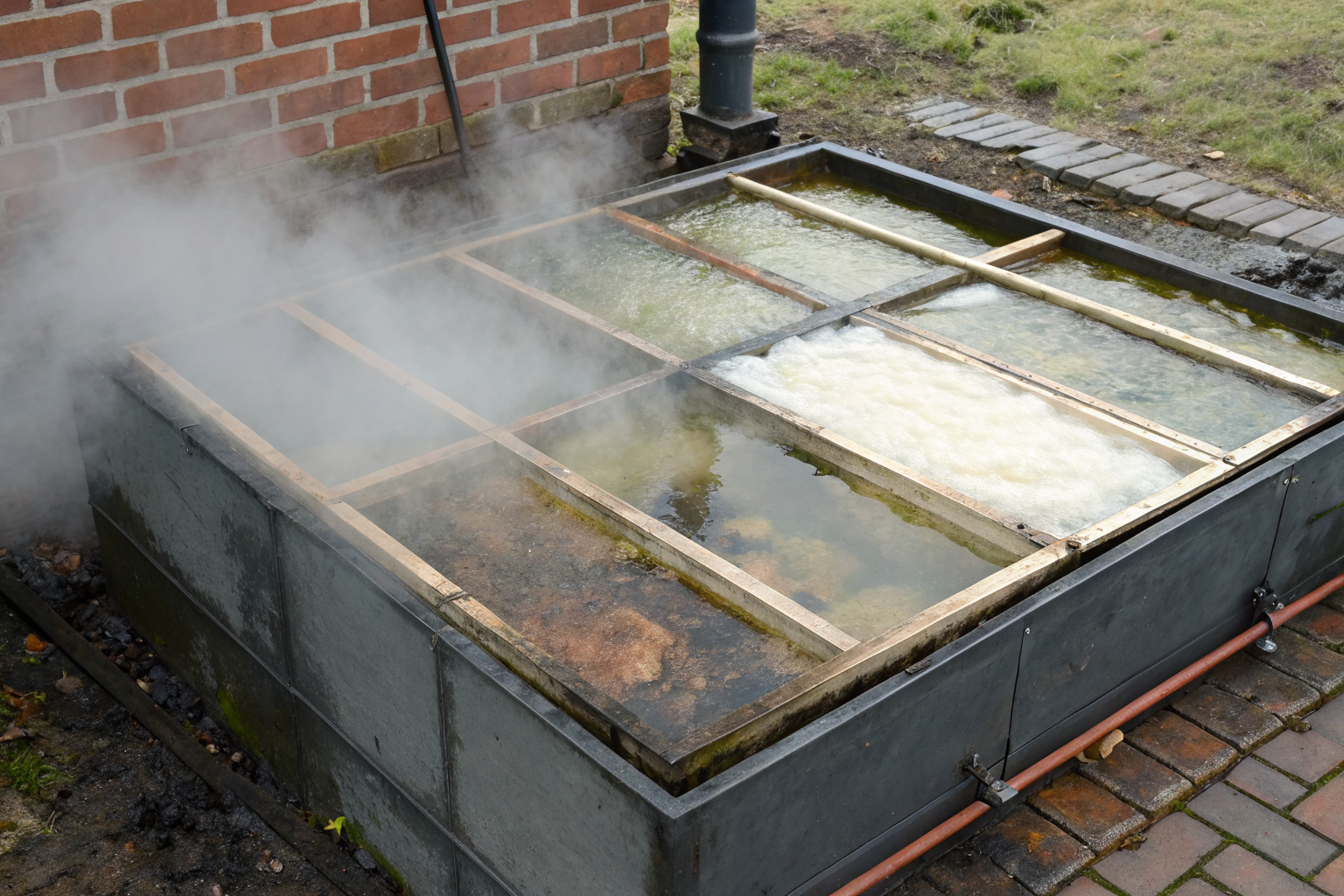 Transparent grease trap showing rising grease and settling solids.