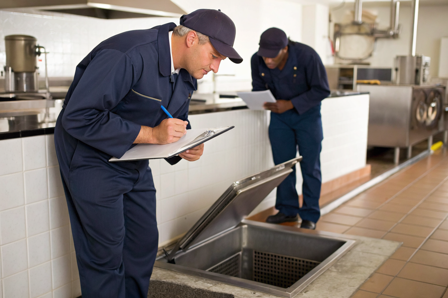 Inspectors reviewing documents during grease trap inspection at a restaurant.