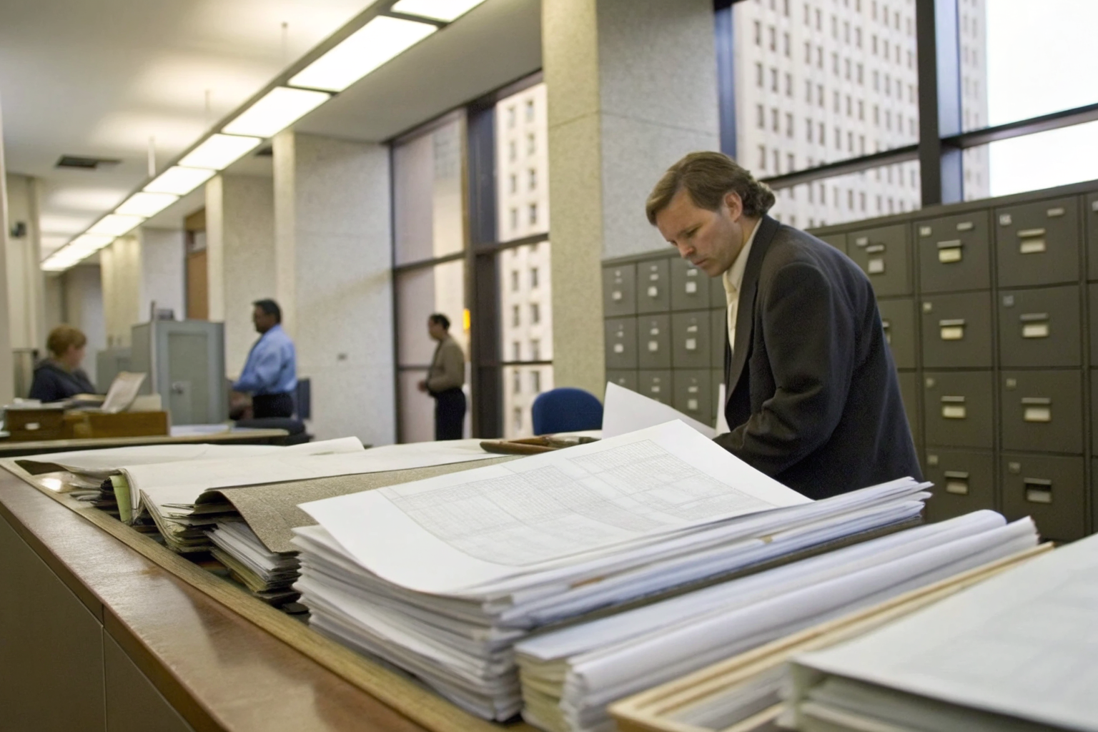 Clerk processing permits for grease trap installation at a desk.